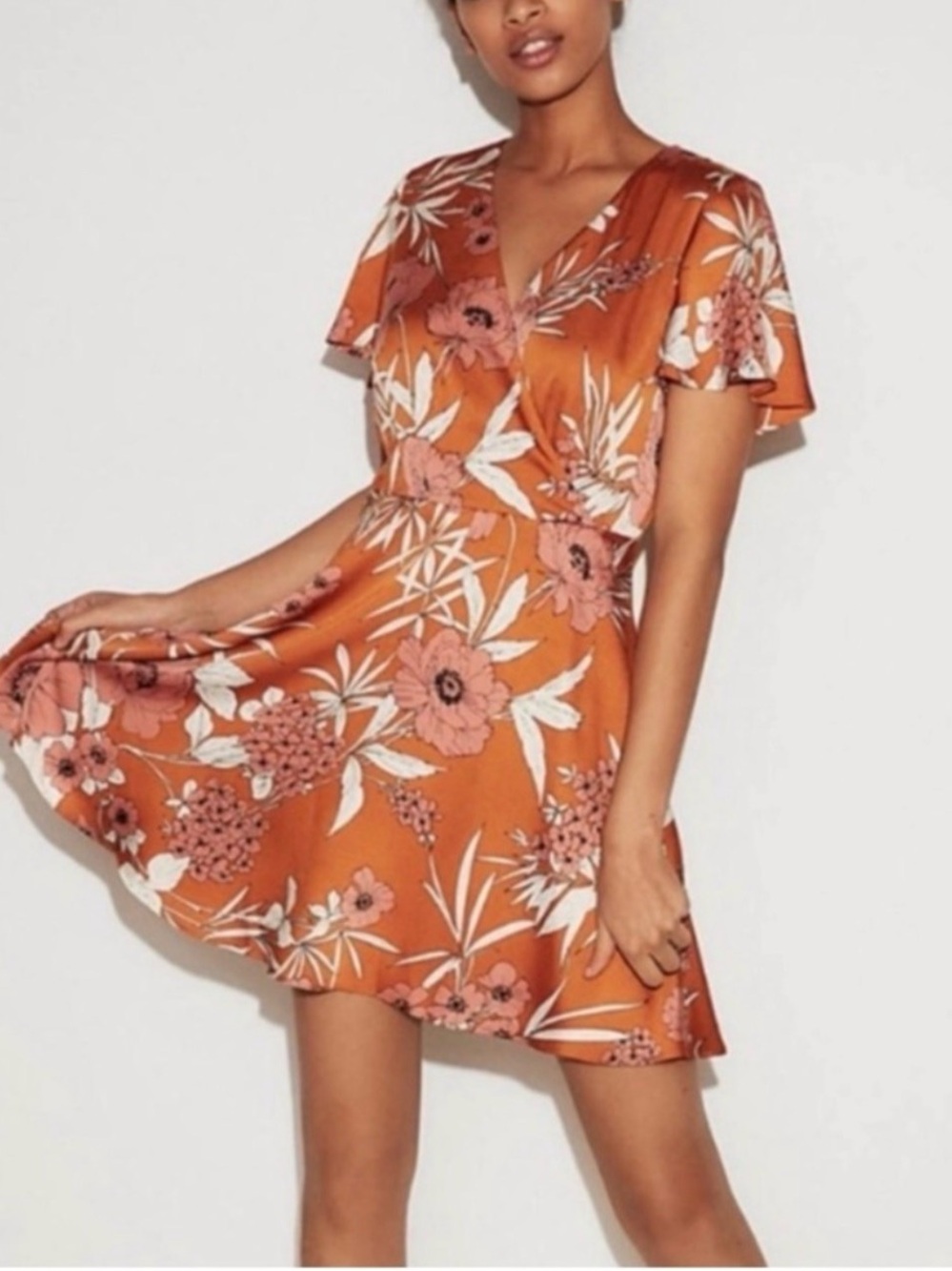Express faux wrap dress in orange and pink floral